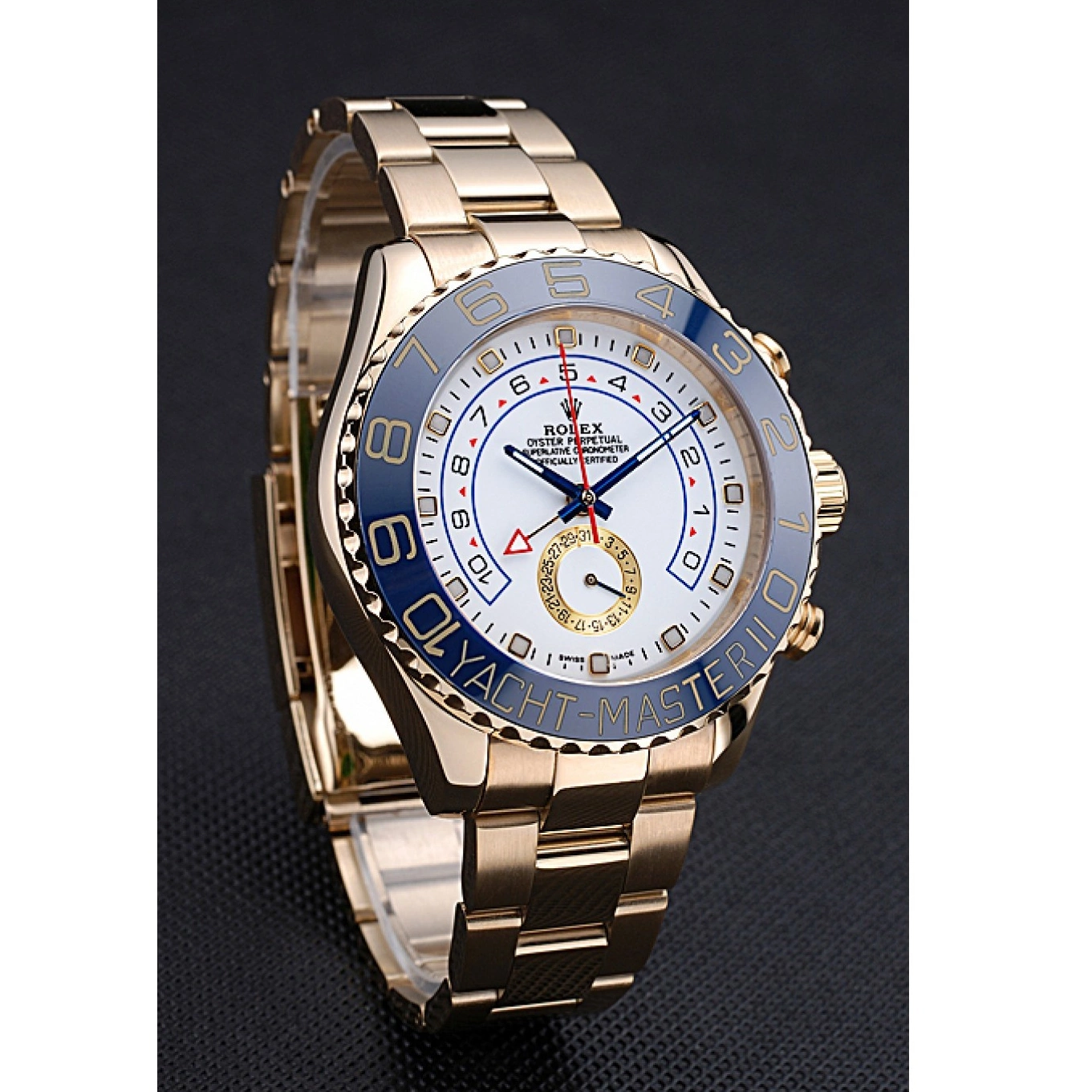Aaa replica watch Rolex Yachtmaster Bracelet White Bezel II 622271 Blue Gold Dial 0825